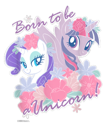 Size: 800x950 | Tagged: safe, rarity, twilight sparkle, alicorn, pony, unicorn, g4, official, cropped, design, duo, female, flower, flower in hair, leaves, mare, merchandise, shirt design, simple background, text, transparent background, twilight sparkle (alicorn)