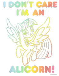 Size: 700x900 | Tagged: safe, twilight sparkle, alicorn, pony, g4, official, cropped, design, female, mare, merchandise, outline, rainbow, shirt design, simple background, solo, text, transparent background, twilight sparkle (alicorn)