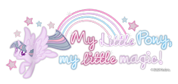 Size: 850x400 | Tagged: safe, twilight sparkle, alicorn, pony, g4, official, cropped, design, female, mare, merchandise, rainbow, shirt design, simple background, solo, stars, text, title drop, transparent background, twilight sparkle (alicorn)