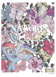 Size: 700x950 | Tagged: safe, rainbow dash, twilight sparkle, alicorn, butterfly, pegasus, pony, g4, official, balloon, butterfly wings, cropped, cutie mark, design, diamond, female, flower, leaves, mare, merchandise, shirt design, simple background, text, transparent background, twilight sparkle (alicorn), wings
