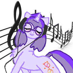 Size: 852x846 | Tagged: safe, artist:fluffomaru, artist:mellow91, oc, oc only, oc:glass sight, pony, unicorn, blushing, chest fluff, cute, eyes closed, female, glasses, grin, happy, headphones, horn, listening to music, mare, ocbetes, pose, puffed chest, simple background, smiling, solo, unicorn oc, white background