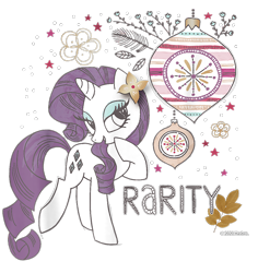 Size: 850x900 | Tagged: safe, rarity, pony, unicorn, g4, official, bauble, cropped, decoration, design, female, flower, leaves, mare, merchandise, shirt design, simple background, solo, stars, text, transparent background