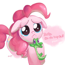 Size: 1181x1181 | Tagged: safe, artist:amy30535, gummy, pinkie pie, alligator, earth pony, pony, g4, :<, cute, diapinkes, female, floppy ears, frown, implied igneous rock pie, looking up, mare, puppy dog eyes, sad, simple background, solo, white background