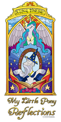 Size: 500x1000 | Tagged: safe, idw, princess celestia, star swirl the bearded, alicorn, pony, unicorn, g4, official, reflections, spoiler:comic, beard, book, cloud, cropped, design, duo, facial hair, female, hat, male, mare, merchandise, shirt design, simple background, stained glass, stallion, stars, text, transparent background, wizard hat