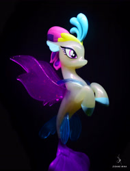 Size: 3680x4840 | Tagged: safe, artist:zidanemina, queen novo, seapony (g4), g4, my little pony: the movie, black background, collar, colored pupils, crown, dorsal fin, eyelashes, female, fin wings, fins, fish tail, flowing tail, jewelry, photo, purple eyes, purple mane, purple wings, regalia, signature, simple background, solo, tail, toy, wings