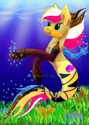 Size: 420x588 | Tagged: safe, artist:lee-annwuulf, oc, oc only, seapony (g4), blue eyes, bubble, crepuscular rays, eyelashes, female, fish tail, flowing mane, flowing tail, multicolored hair, ocean, seaponified, seaweed, smiling, solo, species swap, sunlight, swimming, tail, underwater, water, watermark