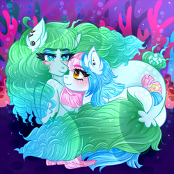 Size: 1000x1000 | Tagged: safe, artist:audra-hime, oc, oc only, seapony (g4), blue eyes, blushing, bubble, dorsal fin, ear fluff, eyelashes, female, fish tail, flowing mane, flowing tail, green mane, lesbian, looking at each other, ocean, orange eyes, shipping, smiling, sparkles, tail, underwater, water, wingding eyes