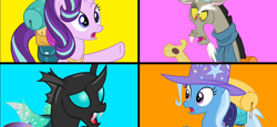 Size: 1560x720 | Tagged: safe, discord, starlight glimmer, thorax, trixie, changeling, draconequus, pony, g4, to where and back again, blue background, color palette, orange background, pink background, reformed four, simple background, yellow background, youtube link