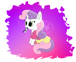 Size: 3900x3200 | Tagged: safe, artist:_rynn, rarity, sweetie belle, pony, unicorn, g4, clothes, cute, diasweetes, dress, ear fluff, equestria girls outfit, female, filly, high res, mouth hold, plushie, sitting