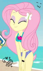 Size: 617x1024 | Tagged: safe, artist:flutteryaylove, edit, edited screencap, screencap, applejack, fluttershy, equestria girls, equestria girls specials, g4, my little pony equestria girls: better together, my little pony equestria girls: forgotten friendship, adorkable, alone, bikini, clothes, cute, dork, eyes closed, female, female focus, skinny, smiling, solo focus, swimsuit, thin, water