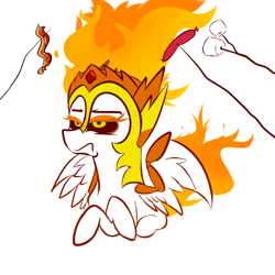 Size: 900x900 | Tagged: safe, artist:vincentjiang0v0, daybreaker, princess celestia, alicorn, pony, a royal problem, g4, bacon, campfire, crossed arms, crossed hooves, daybreaker is not amused, fire, food, funny, funny as hell, grumpy, lying down, marshmallow, meat, mundane utility, prone, roasting, sausage, solo, spread wings, three quarter view, unamused, wings
