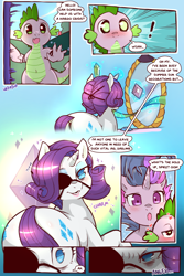 Size: 960x1440 | Tagged: safe, artist:cold-blooded-twilight, rarity, spike, twilight sparkle, pony, unicorn, cold blooded twilight, comic:cold storm, :<, alternate design, angry, blushing, both cutie marks, carousel boutique, comic, crush, dock, eyepatch, fangs, from behind, frown, gemstones, glowing horn, heart eyes, horn, looking back, magic, messy mane, open mouth, ribbon, smiling, unicorn twilight, wide eyes, wide hips, wingding eyes