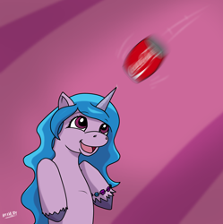 Size: 3732x3747 | Tagged: safe, artist:bravery, izzy moonbow, pony, unicorn, g5, coca-cola, high res, horn, imminent explosion, izzy impaling things, sharp horn, simple background, solo, this will end in pain, this will not end well