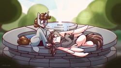 Size: 2048x1152 | Tagged: safe, artist:lrusu, oc, oc only, pegasus, pony, unicorn, clothes, commission, fountain, gay, glasses, looking at each other, male, oc x oc, open mouth, shipping, smiling, smiling at each other