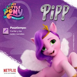 Size: 1080x1080 | Tagged: safe, pipp petals, pegasus, pony, g5, my little pony: a new generation, official, abstract background, adorapipp, cute, female, mare, microphone, my little pony: a new generation logo, netflix, netflix logo, solo, spanish, text