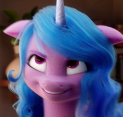 Size: 320x305 | Tagged: safe, screencap, izzy moonbow, pony, unicorn, g5, my little pony: a new generation, 3d, cropped, female, grin, looking up, mare, smiling, solo