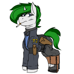 Size: 2500x2500 | Tagged: safe, artist:coatieyay, oc, oc only, oc:baron, pony, unicorn, boots on hooves, cigarette, clothes, gaiters, high res, holster, jacket, scar, simple background, transparent background
