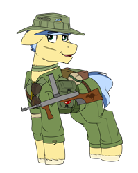 Size: 2131x2683 | Tagged: safe, artist:coatieyay, oc, oc only, oc:shoreliner, earth pony, pony, australian, boonie hat, gun, high res, male, scar, simple background, soldier, sunglasses, transparent background, unshorn fetlocks, vietnam war, weapon