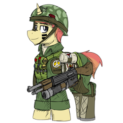 Size: 2300x2304 | Tagged: safe, artist:coatieyay, oc, oc only, oc:lucky star, pony, unicorn, boots, clothes, flak jacket, grenade launcher, gun, helmet, high res, male, military uniform, rifle, shoes, simple background, transparent background, uniform, vietnam war, weapon