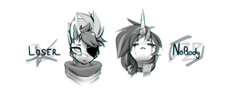 Size: 2010x874 | Tagged: safe, artist:justafallingstar, oc, oc:lore drive, oc:starfall spark, pony, unicorn, augmented, bust, choker, clothes, crying, eyepatch, eyes closed, female, male, portrait, scar, sketch