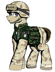 Size: 1743x2300 | Tagged: safe, artist:coatieyay, oc, oc only, oc:paladin, pony, clothes, flak jacket, helmet, military uniform, simple background, soldier, transparent background, uniform