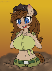 Size: 1986x2720 | Tagged: safe, artist:moonseeker, oc, oc only, oc:felicity, earth pony, anthro, big breasts, breasts, clothes, female, hat, huge breasts, midriff, quicksand, shirt, shorts, solo