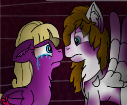 Size: 1216x1006 | Tagged: safe, artist:milledpurple, oc, pegasus, pony, 2015, black eye, bruised, chest fluff, crying, duo, ear fluff, female, gravity falls, male, mare, pacifica northwest, ponified