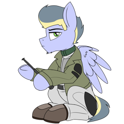 Size: 2000x2000 | Tagged: safe, artist:coatieyay, oc, oc only, oc:argent strike, pegasus, pony, baton, boots, chin fluff, clothes, coat, enclave, enclave uniform, high res, male, shoes, simple background, transparent background, uniform