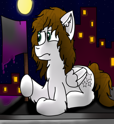 Size: 2000x2188 | Tagged: safe, artist:milledpurple, oc, oc only, pegasus, pony, 2015, building, chest fluff, ear fluff, full moon, high res, lying down, moon, night, outdoors, pegasus oc, prone, solo, stars