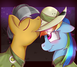 Size: 1200x1030 | Tagged: safe, artist:milledpurple, quibble pants, rainbow dash, earth pony, pegasus, pony, g4, 2016, blushing, clothes, eyes closed, female, hat, male, mare, mouth hold, pith helmet, ship:quibbledash, shipping, shirt, stallion, straight