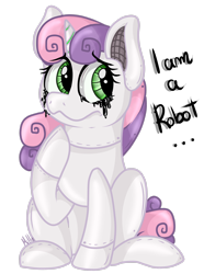 Size: 2112x2839 | Tagged: safe, artist:milledpurple, sweetie belle, pony, robot, robot pony, unicorn, g4, ..., black tears, crying, eyelashes, high res, raised hoof, simple background, solo, sweetie bot, talking, transparent background