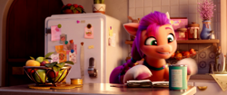 Size: 4096x1716 | Tagged: safe, screencap, sunny starscout, earth pony, pony, g5, my little pony: a new generation, spoiler:my little pony: a new generation, 3d, apple, book, can, female, food, kitchen, mare, refrigerator, solo