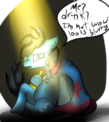 Size: 2500x2800 | Tagged: safe, artist:spirodraw, oc, oc only, earth pony, pony, abstract background, cape, clothes, drunk, earth pony oc, go home you're drunk, high res, hoof hold, sitting, solo, talking