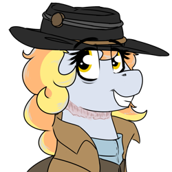 Size: 935x935 | Tagged: safe, artist:coatieyay, oc, oc only, oc:dawn rain, pony, clothes, grey hair, grin, hat, jacket, scar, simple background, smiling, transparent background