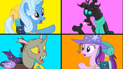 Size: 1279x716 | Tagged: safe, discord, starlight glimmer, thorax, trixie, changeling, draconequus, pony, g4, to where and back again, alternate color palette, alternate design, blue background, color palette, funny, funny as hell, fusion, logo, orange background, palette swap, pink background, recolor, reformed four, screenshots, simple background, yellow background, youtube link