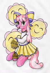 Size: 2588x3713 | Tagged: safe, artist:40kponyguy, derpibooru exclusive, cheerilee, earth pony, pony, g4, bow, cheerileeder, cheerleader, cheerleader outfit, clothes, cutie mark background, ear fluff, hair bow, high res, looking at you, pom pom, simple background, skirt, solo, traditional art