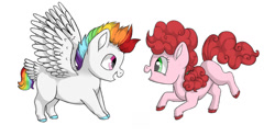 Size: 1267x630 | Tagged: safe, artist:ukulelepineapplecat, oc, oc only, earth pony, pegasus, pony, colored hooves, colt, duo, earth pony oc, female, filly, male, multicolored hair, offspring, parent:bulk biceps, parent:cheese sandwich, parent:pinkie pie, parent:rainbow dash, parents:cheesepie, parents:rainbulk, pegasus oc, rainbow hair, simple background, smiling, white background, wings