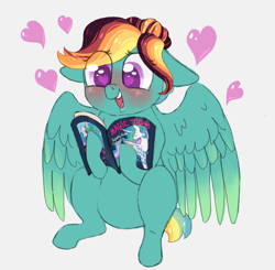 Size: 700x685 | Tagged: safe, artist:ukulelepineapplecat, princess celestia, oc, pegasus, pony, g4, book, female, heart eyes, mare, offspring, parent:rainbow dash, parent:zephyr breeze, parents:zephdash, pegasus oc, reading, simple background, smiling, white background, wingding eyes, wings