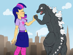 Size: 900x685 | Tagged: safe, artist:ukulelepineapplecat, twilight sparkle, human, kaiju, pony, g4, building, clothes, crossover, eyes closed, female, godzilla, godzilla (series), handshake, holding hands, humanized, macro, male, outdoors, skirt, smiling