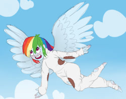 Size: 868x681 | Tagged: safe, artist:ukulelepineapplecat, rainbow dash, equestria girls, g4, clothes, cloud, feet, female, flying, outdoors, smiling, solo, wings