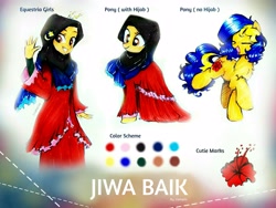 Size: 3709x2782 | Tagged: safe, artist:liaaqila, oc, oc only, oc:jiwa baik, earth pony, pony, equestria girls, g4, clothes, commission, dress, equestria girls-ified, eyes closed, grin, high res, hijab, islam, malaysia, open mouth, raised hoof, raised leg, reference sheet, smiling, solo, traditional art, waving
