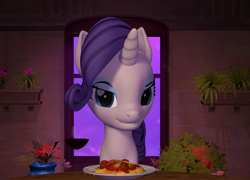 Size: 1500x1080 | Tagged: safe, artist:aleshi, rarity, pony, unicorn, g4, 3d, dinner, drink, food, grin, looking at you, romantic, smiling, solo, source filmmaker