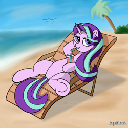 Size: 2000x2000 | Tagged: safe, artist:ingolf arts, starlight glimmer, pony, unicorn, g4, beach, beach chair, chair, cute, drinking, female, glimmerbetes, high res, horn, mare, ocean, palm tree, sand, sky, smiling, solo, tree