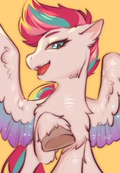 Size: 900x1300 | Tagged: safe, artist:swaybat, zipp storm, pegasus, pony, g5, cheek fluff, chest fluff, ear fluff, female, fluffy, hoof fluff, leg fluff, looking at you, mare, open mouth, raised hoof, simple background, smiling, solo, spread wings, underhoof, unshorn fetlocks, wings, yellow background
