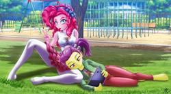 Size: 3116x1723 | Tagged: safe, artist:mauroz, lily pad (g4), pinkie pie, human, equestria girls, equestria girls series, g4, absurd file size, anime, barefoot, barefooting, breasts, busty pinkie pie, clothes, feet, head on lap, jungle gym, missing shoes, park, peace sign, playground, schrödinger's pantsu, skirt, stocking feet, tablet, tongue out, tree, upskirt denied