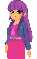 Size: 848x1343 | Tagged: dead source, safe, artist:rosemile mulberry, ginger owlseye, equestria girls, g4, belt, chubby, clothes, dress, female, hand on hip, jacket, lipstick, long hair, makeup, necktie, simple background, solo, white background