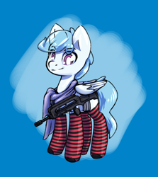 Size: 1236x1384 | Tagged: safe, artist:compound lift, oc, oc only, oc:file folder, pegasus, pony, clothes, famas, gun, horsin' around, male, scarf, socks, solo, striped socks, weapon