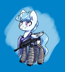 Size: 1236x1384 | Tagged: safe, artist:compound lift, oc, oc only, oc:file folder, pegasus, pony, clothes, famas, gun, horsin' around, male, scarf, socks, solo, striped socks, weapon