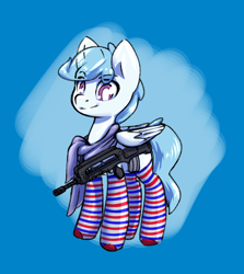 Size: 1236x1384 | Tagged: safe, artist:compound lift, oc, oc only, oc:file folder, pegasus, pony, clothes, famas, french flag, gun, horsin' around, male, scarf, socks, solo, striped socks, weapon