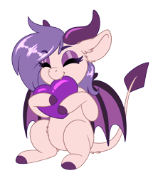Size: 1752x1972 | Tagged: safe, artist:silkensaddle, oc, oc only, oc:wild fever, original species, succubus, succubus pony, eyes closed, fangs, female, floppy ears, heart, lovien, simple background, sitting, smiling, solo, succubus oc, transparent background